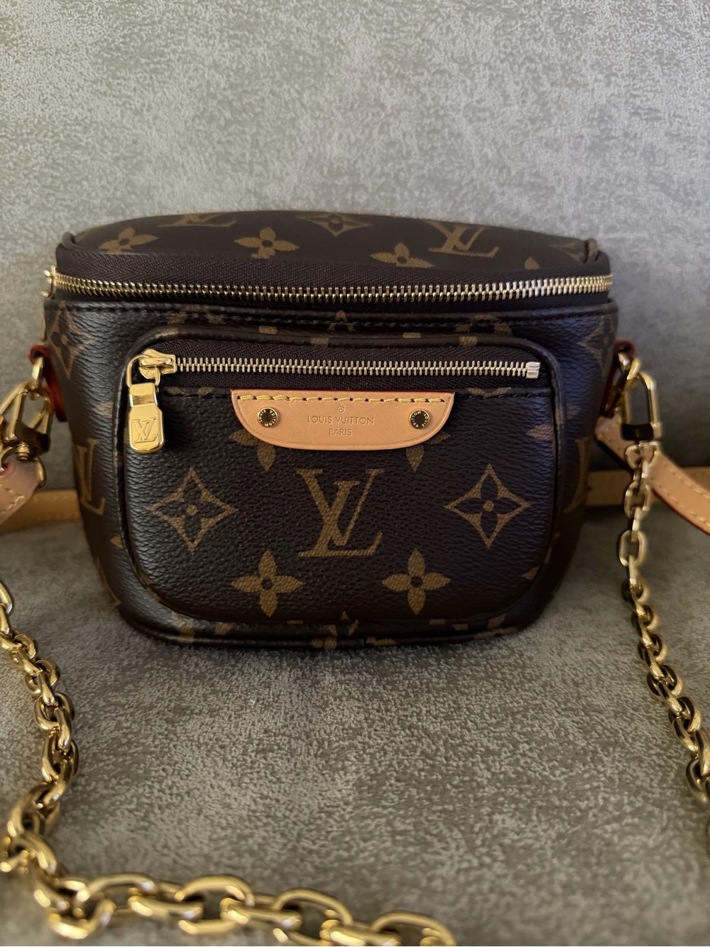 *SOLD*Louis Vuitton Monogram mini bumbag w/Gold Chain and Natural Leather Trim